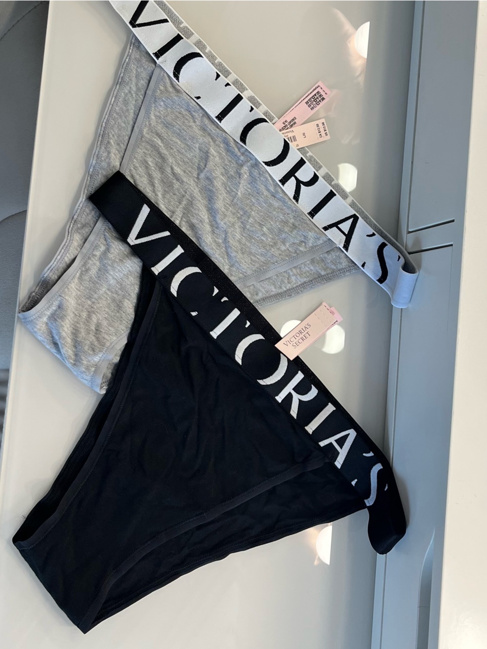NWT Victoria's Secret Black Gray Logo Waistband Brazilian 2 pc large 90s cotton - Picture 2 of 7